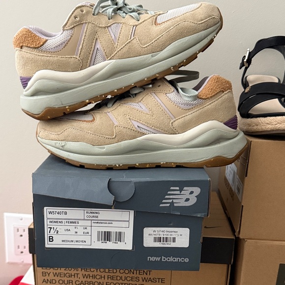 New Balance Shoes - New Balance Beige Tan Suede Low-Top Sneakers with Lavender Accents